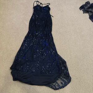 Dark blue dress with sequins with lace up back